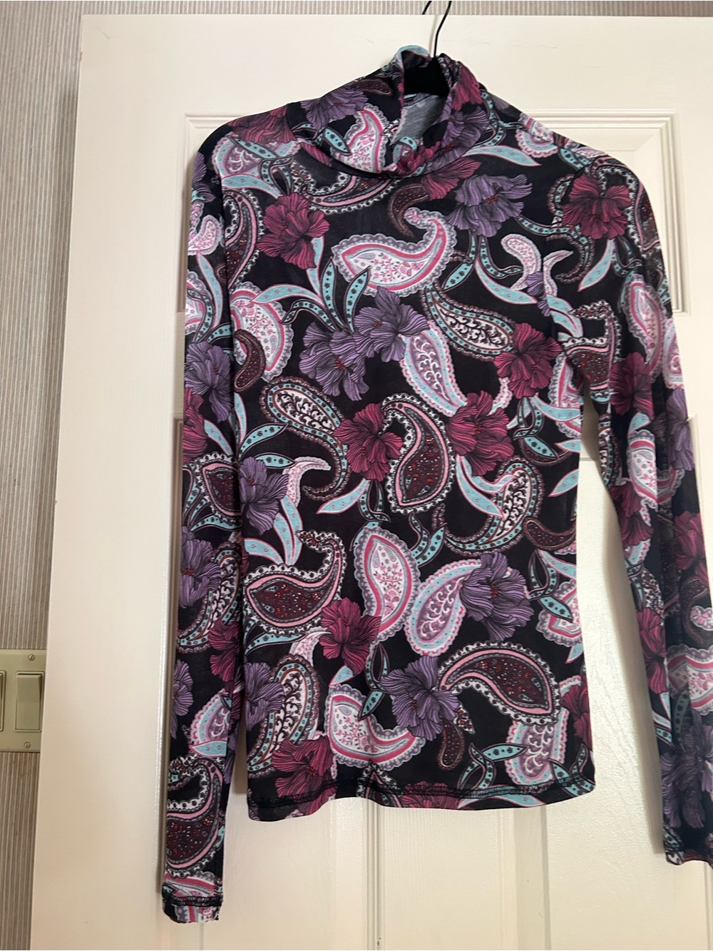 BCBGMaxAzria Black Paisley & Floral Turtleneck Top with Pink and Purple Accents
